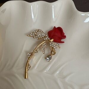 Romantic Red Rose and Gold Brooch